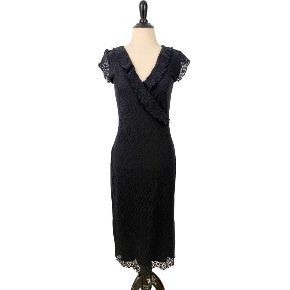 GUESS Faux Wrap Black Lace DRESS M Midi Bodycon Whimsigoth Dark Romantic Gothic